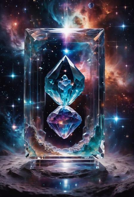 newborn son of the stars sleeps in a fetal position inside a square crystal ampoule floating in space