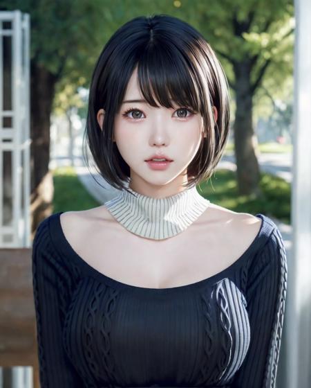 pureerosface_v1:0.3, best quality, photorealistic, 8k, high res, full color, 1girl, woman, 20 years old woman, (skindentation), (portrait:0.6), trees, park bench, daylight, ((park background:1.52)), full color, ((necksweater:1.68)), straight-looking at viewer:1.8, (1girl eyes looking at viewer:1.55), (short-length hair, blackhair, partedhair:1.45), (bokeh), <lora:AAG-enako:0.7>