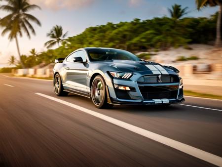 a photo of mstgsgt500 car driving fast, near the beach, flares, bokeh, tropical islands