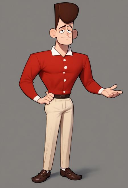 1boy, JFK, \(Clone High\)/,(ultra HD quality details), Black eyes, full brown hair, pale skin, muscular physique, slanted eyes, arc-shaped eyes, tall, polo shirt, red shirt with white stripe, long sleeve, tight pants, khaki pants, brown loafers, shoes, white socks.