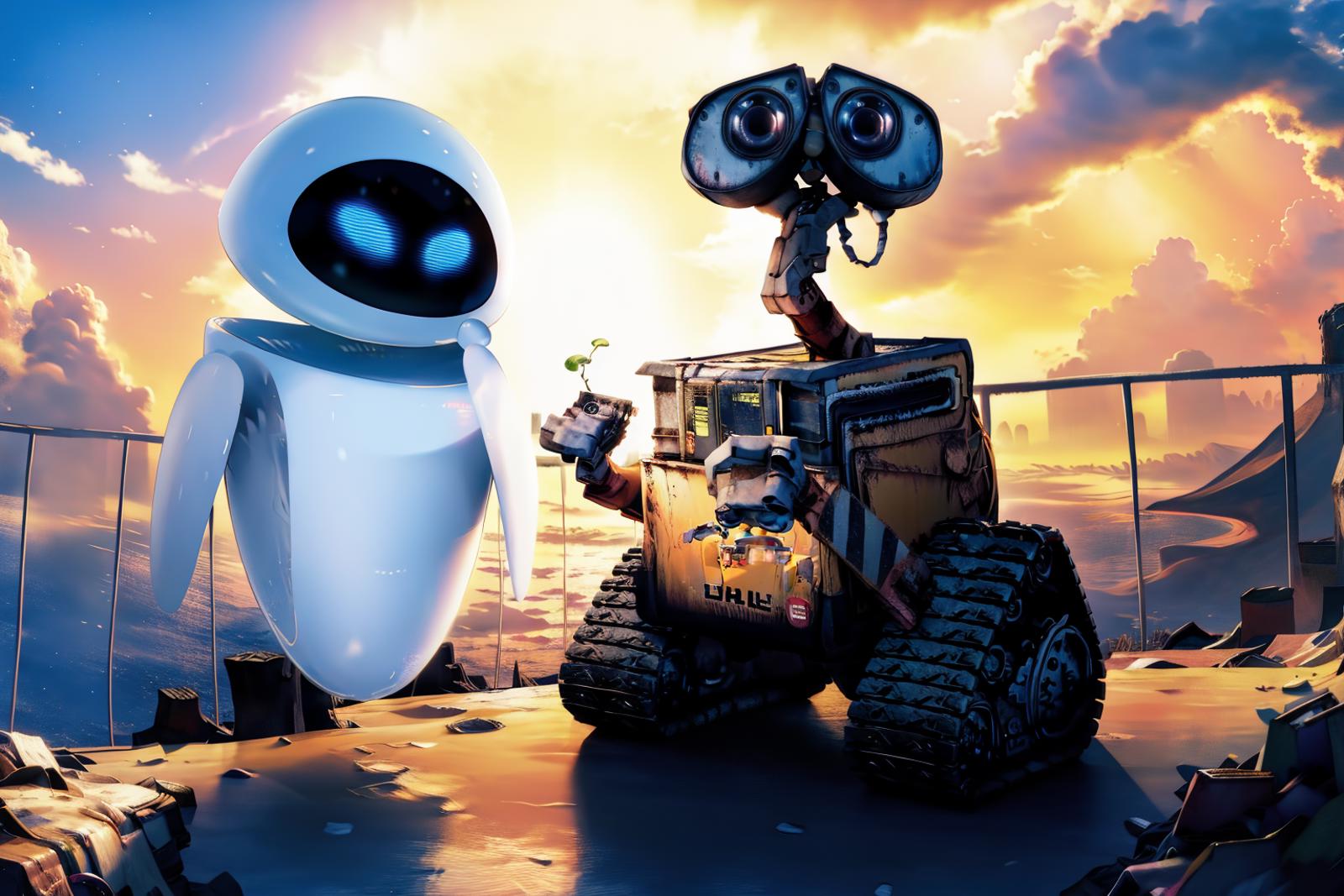 A colorful cartoon illustration of a WALL-E robot and a white robot standing on a rocky surface.