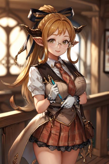 (masterpiece, best quality:1.2), <lyco:gbf_sarya-10:1.0>, cowboy shot, solo, 1girl, gbfsarya, smile, looking at viewer, ponytail, hair bow, horns, glasses, necktie, plaid skirt, white gloves, large breasts