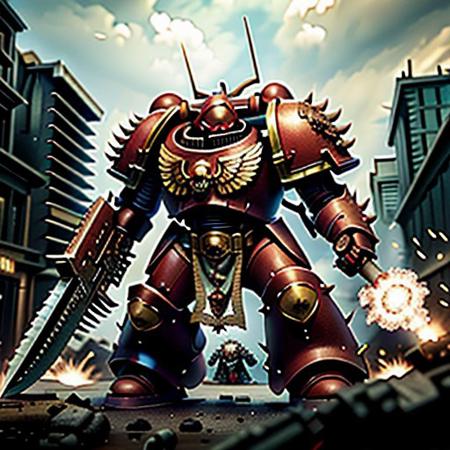 Generate a stunning art style, a true [masterpiece] [best quality] of art. The image showcases [detailed linework], [dynamic shading], and [dramatic lighting], bringing to life a [dreading atmosphere, grim dark coloures] . In the background a [gothic city, siege, explosion,  warhammer 40k] is to be seen in [grand:1.8, high-scale:1.8, panorama:1.8] from [from below].
wh40k_freeblade, (gigantic size , enormous, giant, size difference) is (solo:1.5), (full body), (charging forward) in to the enemy. It has as  [(armament reaper_chainsword on right arm), (armament  battle_cannon on left arm)].
<lora:wh40k_freeblade:0.9>