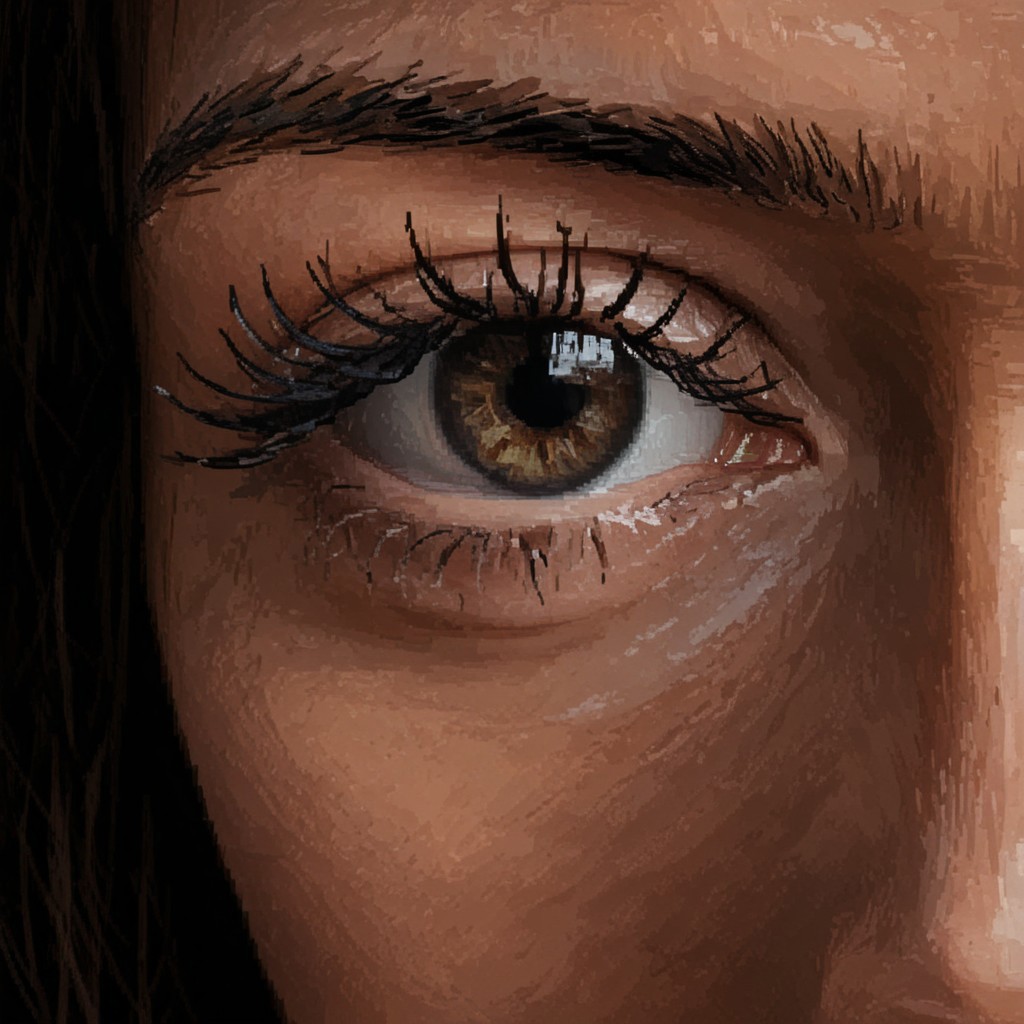 Pixel Art 8-bit style of A close-up view of a human eye. The eye is a deep blue color with a black pupil in the center. The iris is slightly darker than the pupil, and the pupil is a lighter shade of blue. The pupil is surrounded by a thin black line that runs along the outer edge of the eye. There are long, thin black eyelashes extending from the top of the pupil to the bottom of the iris. The eyelashes are thin and dark brown, and they are slightly curled at the ends of the eyelashes. There is a thin layer of light brown hair on the upper left side of the image. PXLART