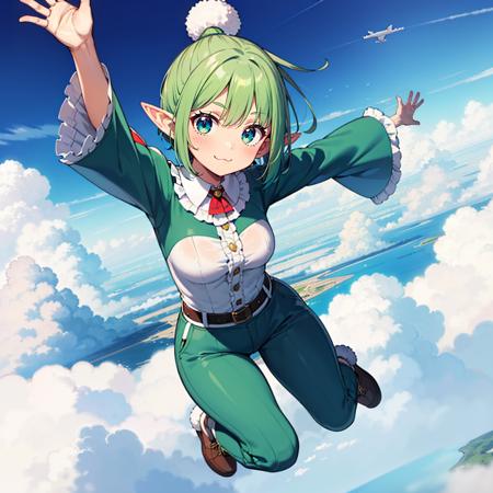 1girl, solo, from above, plane, day, clouds, jumping, green hair, very short hair, topknot, two-tone eyes, elf, pointy ears, medium breasts, (wide sleeves, frilled shirt, pom-pom pants), :\3