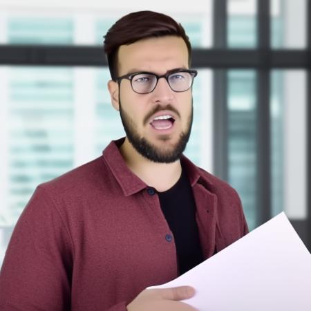 1boy, male_focus, Pitch Meeting, a man  holding a piece of paper in his hand and a folder in his other hand, in front of a window, cinematic lighting, rim lighting, PitchMeetGeorge