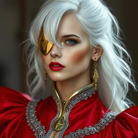 A white hair woman with a golden  eye patch and in a red dress that has sliver trimming