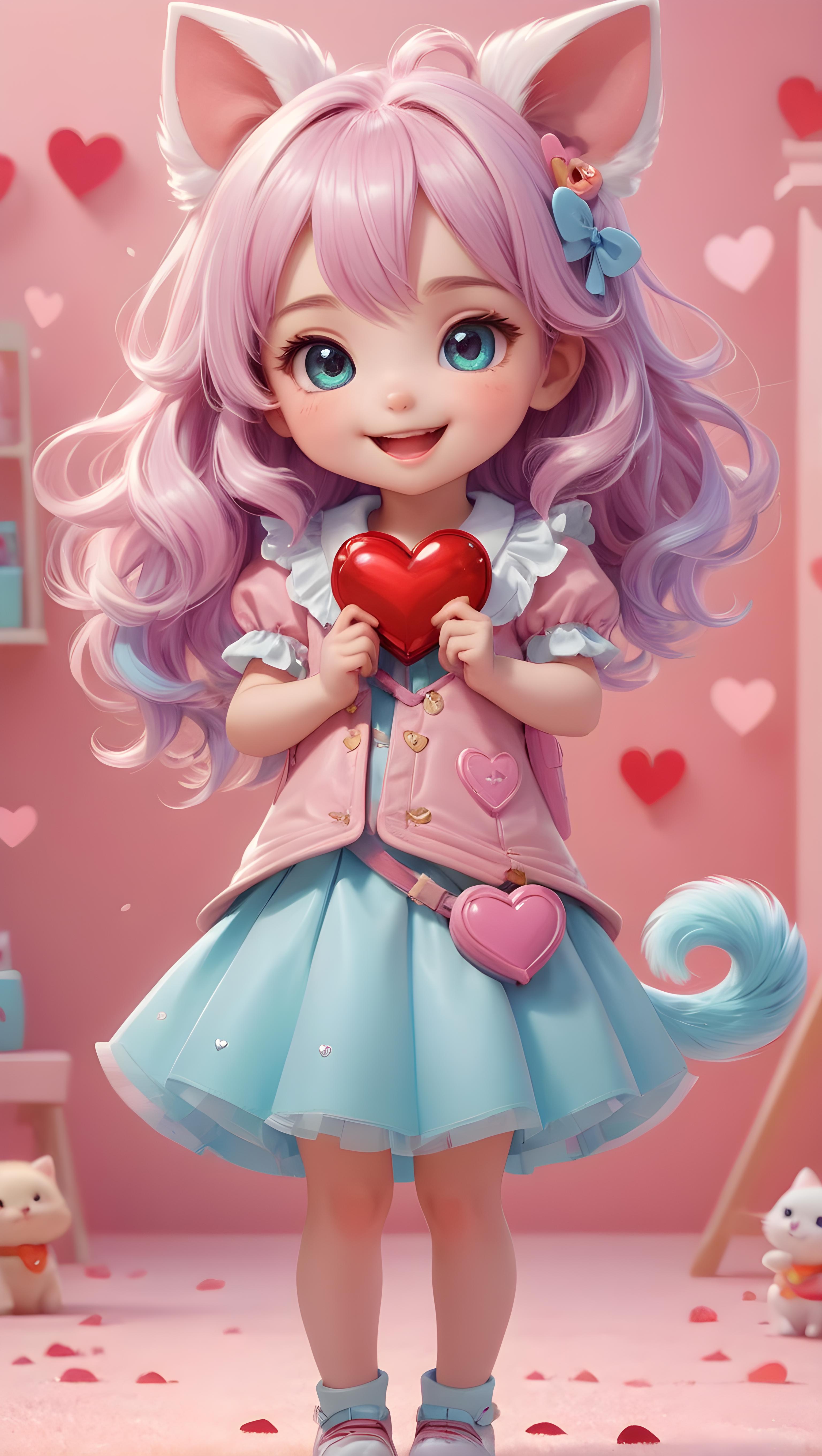 The image features a young girl wearing a pink dress, which is the main focus of the scene. She is holding a heart-shaped item, possibly a small heart or a red heart-shaped toy. The girl is also wearing a jacket, and she is positioned near a pink wall. The scene appears to be a child's bedroom, with a cup placed nearby. The girl's hair is in pigtails, and she is smiling, giving off a cheerful and happy vibe.