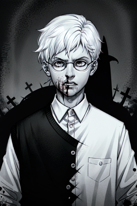 anton, solo, short hair, shirt, 1boy, monochrome, upper body, greyscale, male focus, white hair,  glasses,  <lora:anton:0.6>
blood, carnage, guts, horror \(theme\),, slate atmosphere, cinematic, dimmed colors, dark shot, muted colors, film grainy, lut, spooky