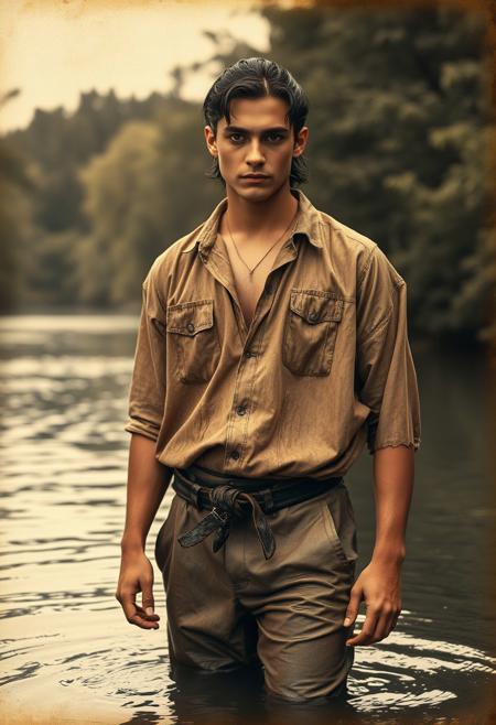Score_9 score_8_up Realistic. Sepia. Antique photo. Sfw. A river surrounded by lush woodland  in the year 1560. A handsome young man with shaggy dark hair pulled back in a short ponytail, wearing a dirty soaking wet loose shirt, dirty soaking wet skin tight moleskin pants stands thigh deep in the water. His clothes are drenched, dripping wet, glistening in the light. He looks sullenly at the camera. Wet clothes, wet clothing fetish, Scratchy antique image, vignette