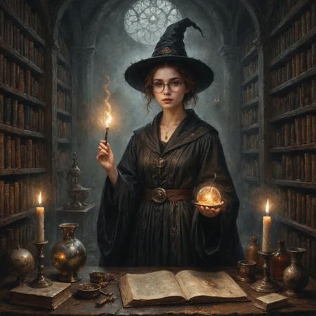 An digital illustration (hogwarts) drawing masterpiece with intricate details and the best quality art by, (petrus van schendel) (Hans Larwin) and (dorian cleavenger) with (luis royo) a dusty ancient liblary, rows of bookshelvs with old tomes and scrolls, alchemy set, alembic with mortar and pestle, a young attractive woman, delicate face, pale skin, dark black makeup, student of dark arts magic (casting a spell) ball of fire, with a wand, wearing [pointy hat] and wizard robe and thick [eyeglasses] <lora:add_detail:0.8>  <lora:aesthetic:0.8>  <lora:LaxpeintXL-2.0:0.5> <lora:extremely_detailed:0.5>  <lora:Desolation:0.3>