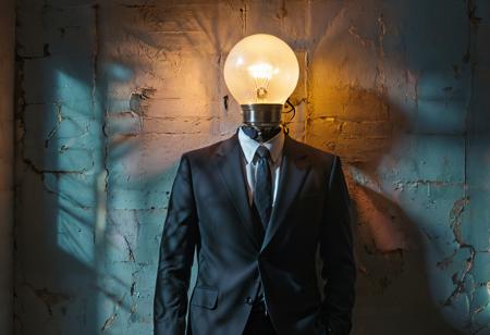 ASCIIman wearing suite with a bulb lamp instead of the head, photography, photorealism, extreme detail, hyperrealism, volumetric lighting, dynamic lighting and shadows, colour gradient, medium format film photography, rule of thirds,