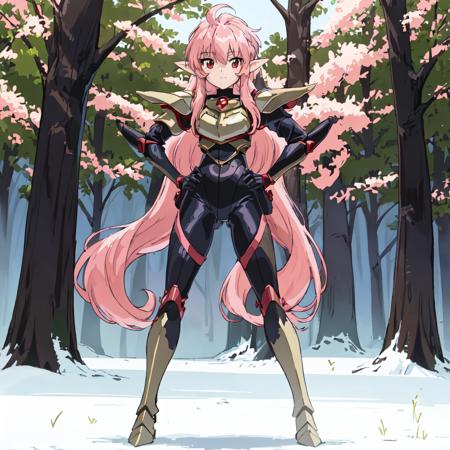 <lora:Nova-10:1>outdoor,forest,Masterpeace,high quality,Nova, 1girl, solo, long hair, red eyes, pink hair, pointy ears, armor, bodysuit, shoulder armor, breastplate, standing, full body, hand on hip