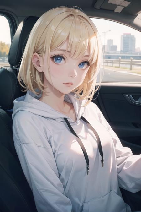 blonde girl, upper body, selfie in a car,hoodie, inside a car,  sharp focus,sunlight on face, beautiful eyes,  cinematic lighting,,realistic, Photo,8K RAW