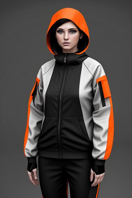 model shoot, a portrait of a woman,orange techwear costume