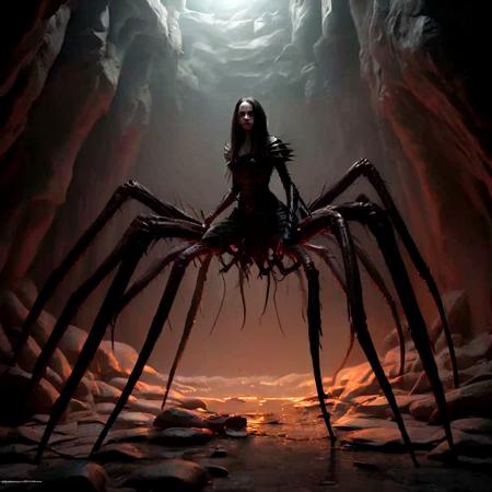 
drider, 1girl, solo, no humans, spider legs, arthropod limbs, multiple legs, long hair, 