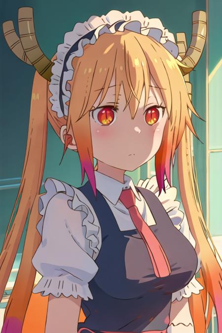 best quality, masterpiece, highres, solo, {tooru_kobayashisanchinomaidragon:1.15}, blonde_hair, horns, dragon_horns, long_hair, dragon_girl, maid_headdress, twintails, multicolored_hair, maid, blush, gradient_hair, necktie, red_eyes, closed_mouth, red_necktie, orange_eyes, hair_between_eyes, breasts, orange_hair, 1girl, bangs, cosplay, expressionless, hood, hood_up, looking_at_viewer, red_hair, slit_pupils, upper_body, horns_through_headwear, fire, two-tone_hair