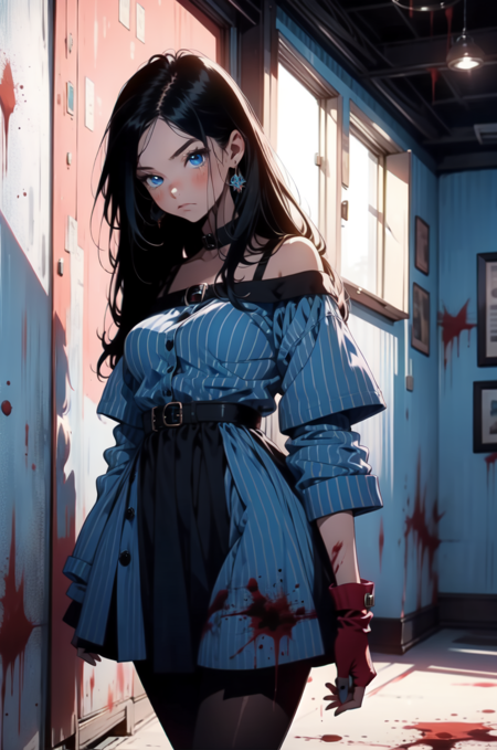 k4t4r1n4, 1girl, white dress in some room with blood splattered all over the walls and a toilet, black hair, blue eyes, solo, long hair, thighhighs, fishnets, blush