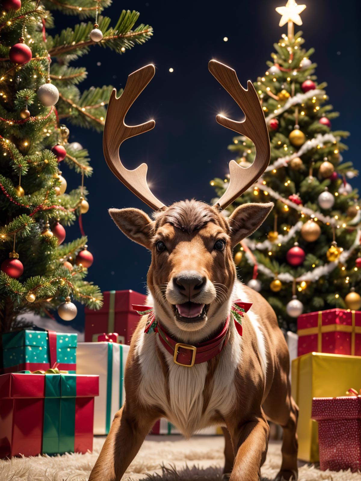 Christmas Dog with Reindeer Antlers and Bows on Presents.