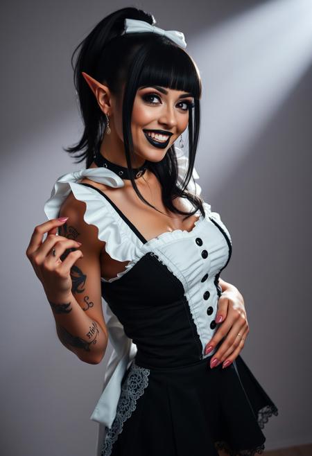 photo with and dramatic light, sexy Goth woman, round face, cute smiling with dimples, ((long vampire fangs)), short maid outfit, cut-out clothes, lace stockings, high heels, seducing pose, High Ponytail  black hair with white bow, tattoes, black lipstick, black sclera, (((giant glowing red eyes))),  long elf ears with piercing,