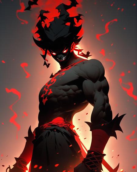 full body portrait of a devil warrior boy, evil smile, big eyes, expression of anger, war paint, full red and black colors, red aura, 2d art cover, official fanart behance hd artstation by jesper ejsing, by rhads, makoto shinkai and lois van baarle, ilya kuvshinov, rossdraws, masterpiece, smooth render, unreal engine 5 rendered, octane rendered, cel shaded, ray tracing, dark studio, rim lighting, two tone lighting, dimly lit, low key, anime key visual, high contrast, masterpiece