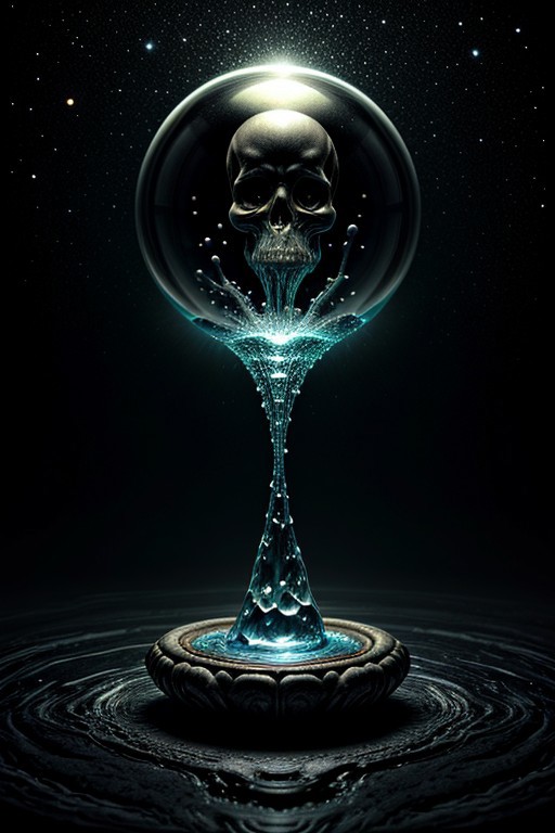 A close-up photorealistic image of a crystal-like floating skull facing dynamic view with its mouth open, pouring from it's mouth a shimmering liquid resembling the universe onto the ground, filled with rich stars and swirling galaxies. A simple void background enhances the dark atmosphere, shrouded in fog, capturing the hypnotic flow and shimmer of the cosmic liquid, evil demon,