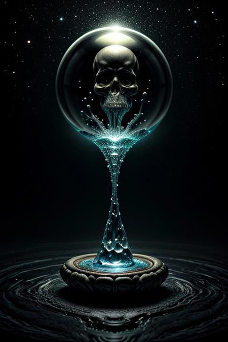 A close-up photorealistic image of a crystal-like floating skull facing dynamic view with its mouth open, pouring from it's mouth a shimmering liquid resembling the universe onto the ground, filled with rich stars and swirling galaxies. A simple void background enhances the dark atmosphere, shrouded in fog, capturing the hypnotic flow and shimmer of the cosmic liquid, evil demon,