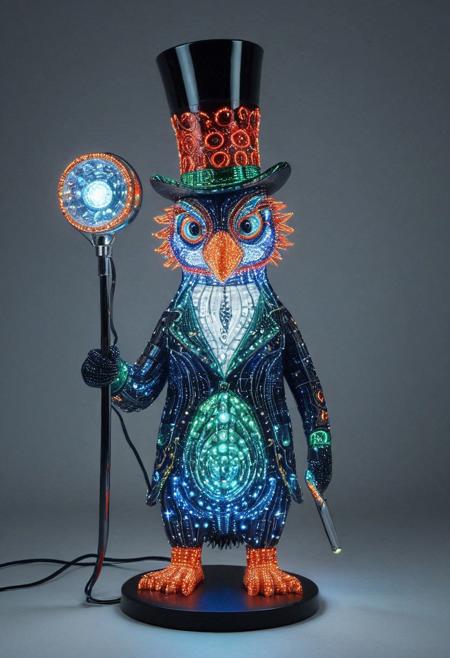 embedding:lazmpos, LED, colorful LED lights, RGB lights, red green and blue penguin, art deco, top hat, cane, monocle,RetroBG
