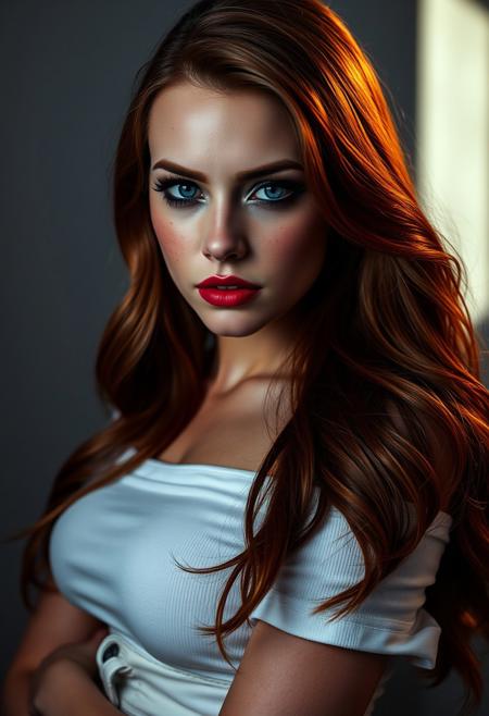 A cinematic portrait of a captivating 25-year-old woman, her fair skin adorned with freckles, illuminated by dramatic, chiaroscuro lighting that accentuates her features. Her piercing blue eyes, framed by a cascade of long, flowing fiery red hair styled in sleek, confident waves, exude a sense of commanding allure. A soft, ethereal light illuminates her delicate features, enhancing the natural beauty of her expertly applied makeup: a smoky eye with a blend of deep burgundy and charcoal shades, precisely applied eyeliner to accentuate her almond-shaped eyes, a contour that subtly defines her cheekbones, and a matte red lipstick that complements her skin tone. She strikes a confident pose, her body language exuding both sensuality and assertiveness. Her simple yet alluring outfit, a white, off-the-shoulder crop top that draws attention to her graceful collarbones, paired with high-waisted, light-wash jeans that accentuate her figure, adds to her powerful and confident demeanor. The photographer has masterfully captured a moment of timeless elegance, her gaze direct and unwavering. The image evokes a feeling of empowered femininity.