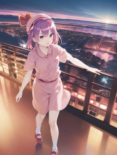 (masterpiece, high quality, novel illustration, game cg, official art), (from above), (cityscape), 1girl, solo, (hsk, remilia scarlet, pink head wear, pink shirt) is (taiyaki in mouth, holding  taiyaki, fleeing), <lora:hsk03:1>