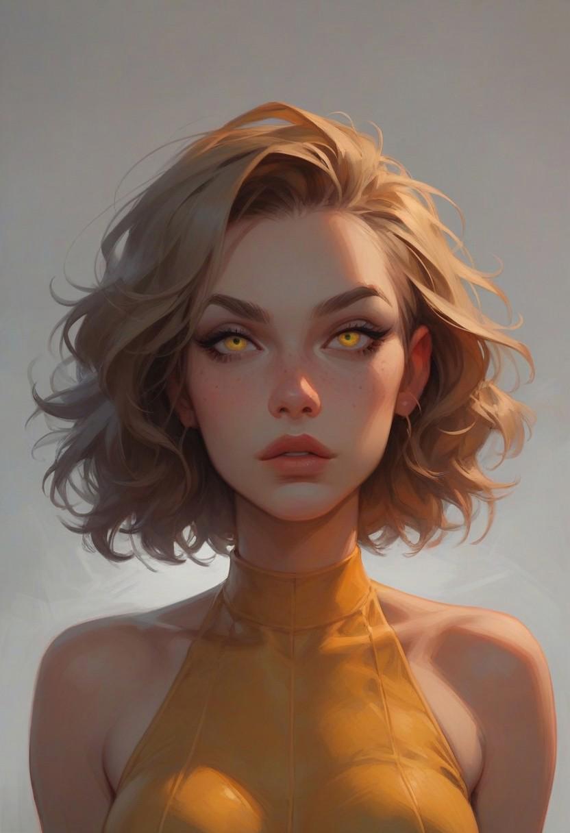 (8k resolution, score_9, score_8_up, score_7_up, absolute masterpiece, best quality, ultra detailed), upper body portrait of a seductive blonde woman with short wavy hair. (yellow eyes:1.3), standing with her shoulders pushed back, arching her back to emphasize her petite perky chest, arms down with her hands resting on her slim waist. Large hips. She wears a tight, glossy yellow outfit with exposed shoulders and a low neckline, revealing her petite and perky breasts. Behind her, a stormy sky rumbles with dark clouds and flashes of lightning, casting dramatic lighting that highlights the shine of her outfit. Her expression is alluring, her posture exuding confidence, as the energy of the storm crackles around her.