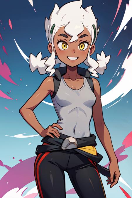 zzBurnet, white hair, dark skin, yellow eyes, long hair,  zzBurnet, white hair, dark skin, yellow eyes, long hair, grey shirt, sleeveless, jacket around waist, black pants, 