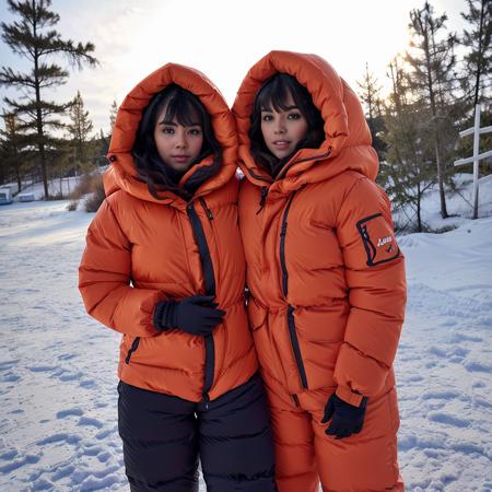 instagram photo of skinny 30 y.o two latino women in a orange thick puffer down jacket and puffy down pants downsuit parkasite, slim,skinny, large breasts, full bangs, medium wavy hair, outdoors, heavy snowfall, snow, ice, icicles, frost, extreme cold, blushing, freezing cold, defensive pose, defensive stance, snow in hair, covered in snow, snow on clothing, hood up, trying to stay warm  <lora:polar_parka:0.6>  <lora:Parkasite_v2:0.4>