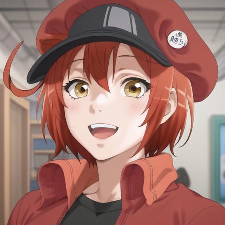 (masterpiece, best quality:1.2),illustration,8k,hd,1girl,upper body,(portrait:1.2),solo,red hair,hat,smile,short hair,yellow eyes,ahoge,red headwear,red jacket,black shirt,denim shorts,white gloves,red footwear,black socks,red belt,cropped jacket,<lora:Red Blood Cell-V1:0.9>,