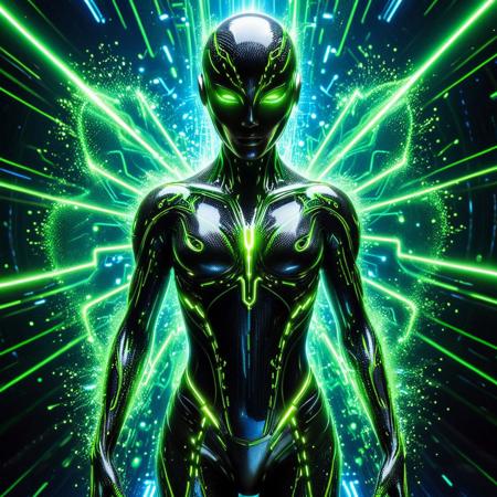 carbon fiber textured humanoid figure, intricate weave patterns covering the skin, subtle gloss reflecting soft neon green and blue hues, surrounded by floating digital particles and glowing lines, dramatic three-point lighting, ultra high detail, futuristic atmosphere — cf_style
