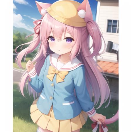 (masterpiece, best quality:1.2),illustration,8k,hd,1girl,solo,upper body,(portrait:1.2),animal_ears,cat_ears,long_hair,pink_hair,ribbon,tail,cat_tail,pink_eyes,hat,bell,bow,animal_ear_fluff,jingle_bell,tail_ornament,one_side_up,school_hat,cat_girl,tail_ribbon,very_long_hair,hair_between_eyes,aqua_shirt,ears_through_headwear,kindergarten_uniform,long_sleeves,pleated_skirt,shirt,skirt,yellow_headwear,yellow_skirt,bangs,red_ribbon,hair_ribbon,tail_bell,tail_bow,white_thighhighs,purple_eyes,bowtie,red_bow,yellow_bow,white_sailor_collar,<lora:Kisaragi(azur)>,