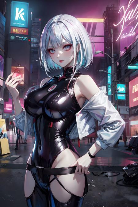 <lora:Lucy_Cyberpunk:0.7>, lucy_cyberpunk, cowboy shot, 1 sweet girl,white short hair, bangs, large breasts,((red eyeliner)), ((makeup)),red lips, white off-shouler jacket, black bodysuit, bare shoulders,  (dynamic pose), looking at viewer, upper body,fantasy, high contrast,cityscape, neon lights, neon trim, ((cyberpunk)),  <lora:add_detail:1>