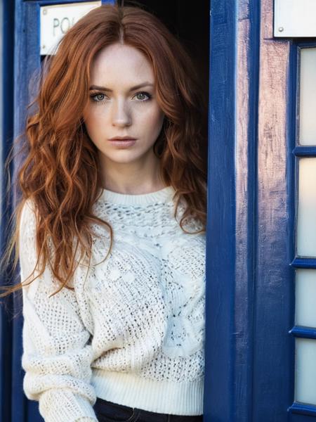 professional portrait photograph of a beautiful (ohwx woman) <lora:gillan_lora_sdxl_v1-000008:1.0> with (long curly red hair), highly detailed face and skin, (wearing a sweater:1.2), (standing in front of a dark blue police box), summer