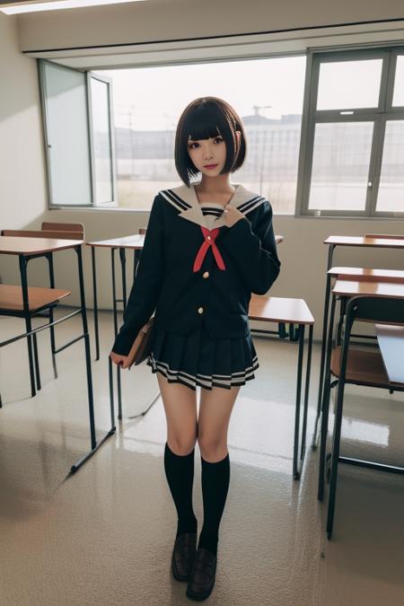 ultra-detailed,highly detailed,best quality,masterpiece,illustration,
kato megumi,1girl, school uniform, katou megumi, solo, cosplay, 
short hair, bob cut, jacket, blunt bangs,
serafuku,socks, loafers,sailor dress,neck ribbon, long sleeves,
looking at viewer,cowboy shot, 
<lora:kato megumi_uni_v1_02:0.7>