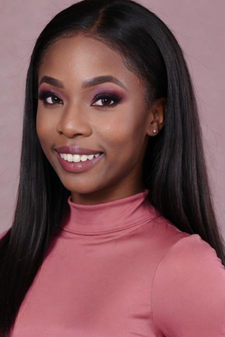 Portrait photo of s4r4hb4nks, pink turtleneck blouse, makeup, smiling