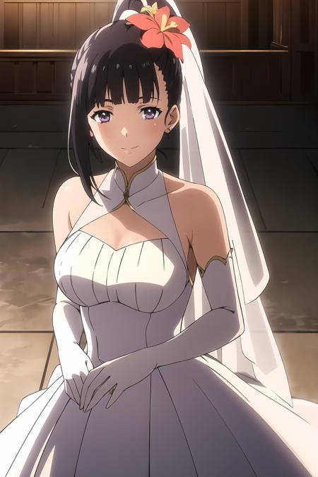 masterpiece, key visual, 1girl, solo, smile, dark blue hair, blunt bangs, high ponytail, hair flower ornament, (wedding dress, frills:1.2), bride, white gloves, looking at viewer, purple eyes, ayame_yamagowa