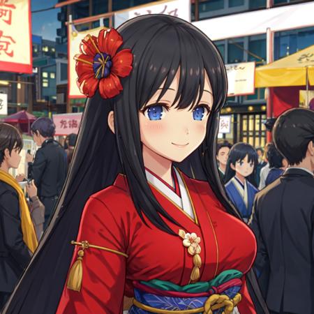 standing, japaneese festival, outdoors, people around, traditional attire, red clothes, smile, distributes leaflets, masterpiece, higres, best quality, blush, Ryoki, 1girl, blue eyes, large breasts, black hair, very long hair, long hair, flower,   <lora:Ryoki1_lora-07:0.8> 
 <lora:add_detail:0.4>