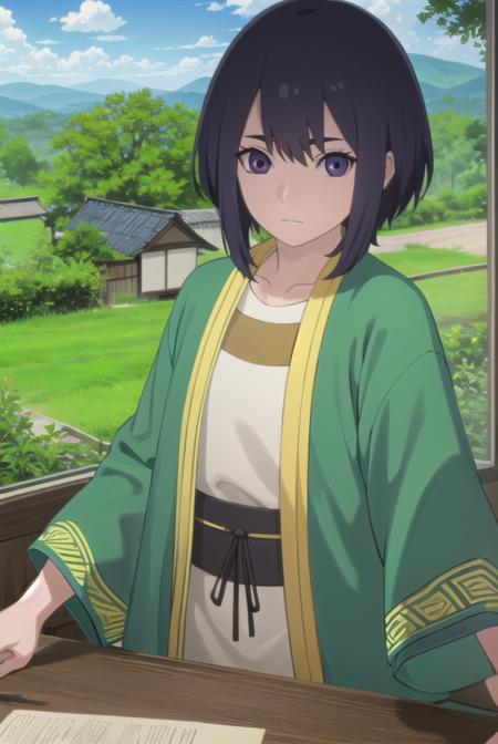 ladykiri, <lora:lady kiri-lora-nochekaiser:1>,
lady kiri, black hair, short hair, hair between eyes, (purple eyes:1.1),
BREAK long sleeves, robe, green robe, obi, dress, white dress,
BREAK outdoors, nature, forest, grass, sky, sun, clouds,
BREAK looking at viewer,
BREAK <lyco:GoodHands-beta2:1>, (masterpiece:1.2), best quality, high resolution, unity 8k wallpaper, (illustration:0.8), (beautiful detailed eyes:1.6), extremely detailed face, perfect lighting, extremely detailed CG, (perfect hands, perfect anatomy),