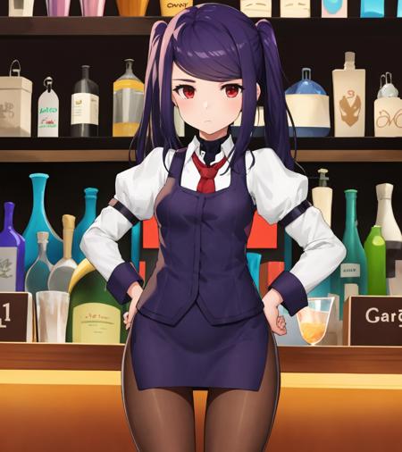 bar, bartender, standing behind bar, (cowboy shot:1.2), jill, pantyhose, hands on hips, 
<lora:Jill:1> <lora:JillBartender_Costume:1>