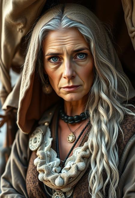old gypsy woman with white hair and deep blue eyes, medieval style, inspire wisdom and knwoledge, in a medieval covered cart