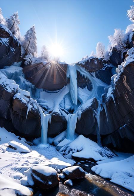 score_9, score_8_up, score_7_up, score_6_up, score_5_up, score_4_up, (absurdres, best quality, masterpiece:1.4), illustration, photorealistic, cinematic lighting, dynamic angle, perfect composition, ice, frozen waterfall, icy cliffs, crystal clear, snow-covered rocks, serene, winter landscape, sparkling in the sun, untouched, tranquil