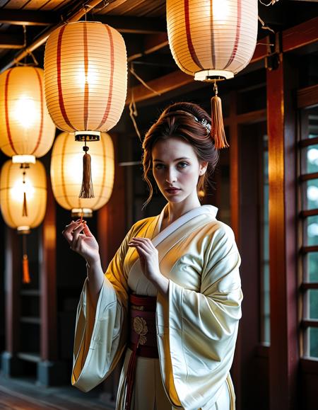 RAW analogue photo of a beautiful woman, Analogue photo of a beautiful 25 years ((pale skin)), oval face, auburn haired woman, <lora:Jacinta_SDXL:0.8> pale beauty, (((pale skin))), <lora:Pale_Beauty:0.4>,<lora:muromachi86:0.6>, Lantern festival on a riverboat: portrait of a geisha performing a dance beneath hanging lanterns, incense smoke curling around her, golden backlight, 50 mm f/1.2, shallow depth, dynamic motion capture of silk kimono sleeves. ,low light, soft natural light, Rembrandt style light, Hasselblad DLSR camera, 200mm Zeiss lens, f/2.8 ,Sexy pose, erotic pose, exhibitionism, ,Picturesque village