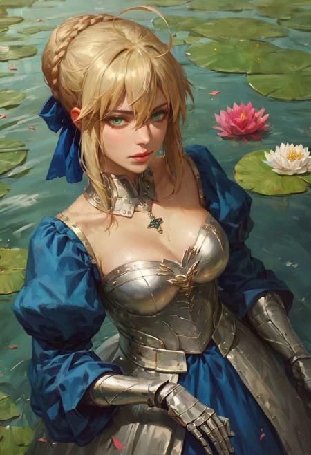 score_9, score_8_up, score_7_up,(masterpiece, best quality,beautiful aesthetic,Realistic),
,1girl/artoria pendragon from fate grand order,hair between eyes,green eyes, gauntlets, dress, armored dress, faulds, hair ribbon, ribbon, juliet sleeves, blue cloak,White fur,, gloves,
perfect anatomy,Cinematic lighting,
Standing in Pond, from above