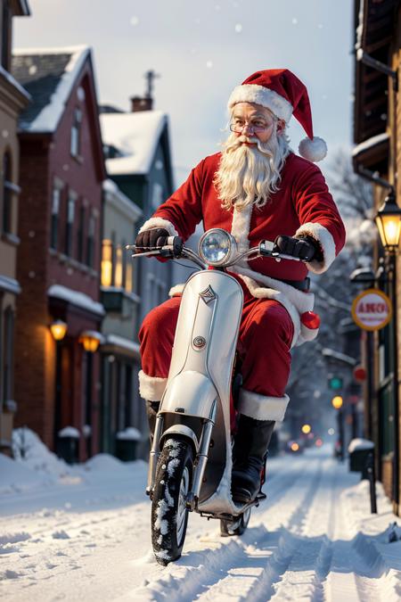 analog photo,photo RAW,(
Santa Claus riding a scooter, on village street,in the snow,snowstorm
),award winning photography,hyper detailed, intricate, extremely beautiful, photo realistic, rich colours, dark shadows,masterpiece, best quality, highly detailed, natural lighting, beautiful detailed, insanely intricate details, intricate details, perfect lighting, incredible detail, hypermaximalistic, natural balance color, 8k, ultra detailed, beautiful and aesthetic, extremely detailed, elegant, atmospheric