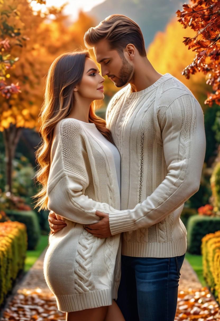 photo of        -10000 beautiful couple in love , hair,seductive   ,garden, Autumn,   long sweater   ,    , masterpiece) (best quality) (detailed) (8k) (HDR) (wallpaper) (cinematic lighting) (sharp focus) (intricate)